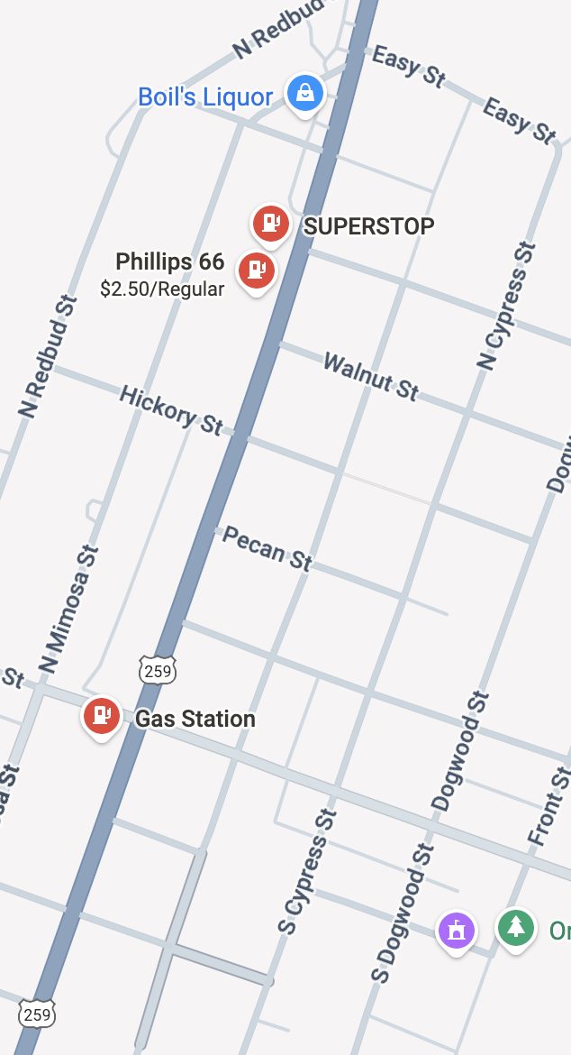 Map showing position on US-259 through Ore City